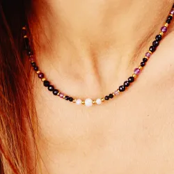 Ametyst, Turmalin, Perła - srebrny pozłacany naszyjnik na koncentrację, miłość, sukces - Wewnętrzna Ochrona