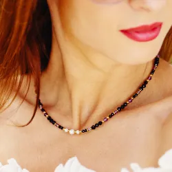 Ametyst, Turmalin, Perła - srebrny pozłacany naszyjnik na koncentrację, miłość, sukces - Wewnętrzna Ochrona