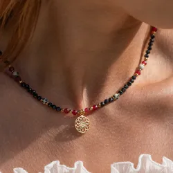 Spinel, Jaspis, Chalcedon, Hematyt - srebrny pozłacany naszyjnik na ochronę, bogactwo, koncentrację - Wewnętrzna Ochrona