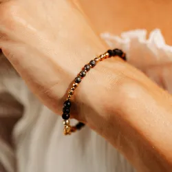 Turmalin, Piryt, Onyks - srebrna pozłacana bransoletka na ochronę, bogactwo, uzdrowienie - Ezoteryczna Elegancja