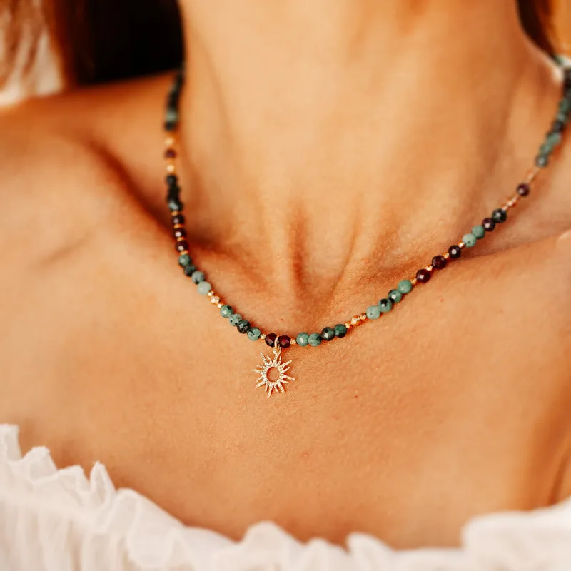 Zoisyt, Granat, Hematyt - srebrny pozłacany naszyjnik na uzdrawianie, zdrowie, harmonię - Refleksja Zdrowia