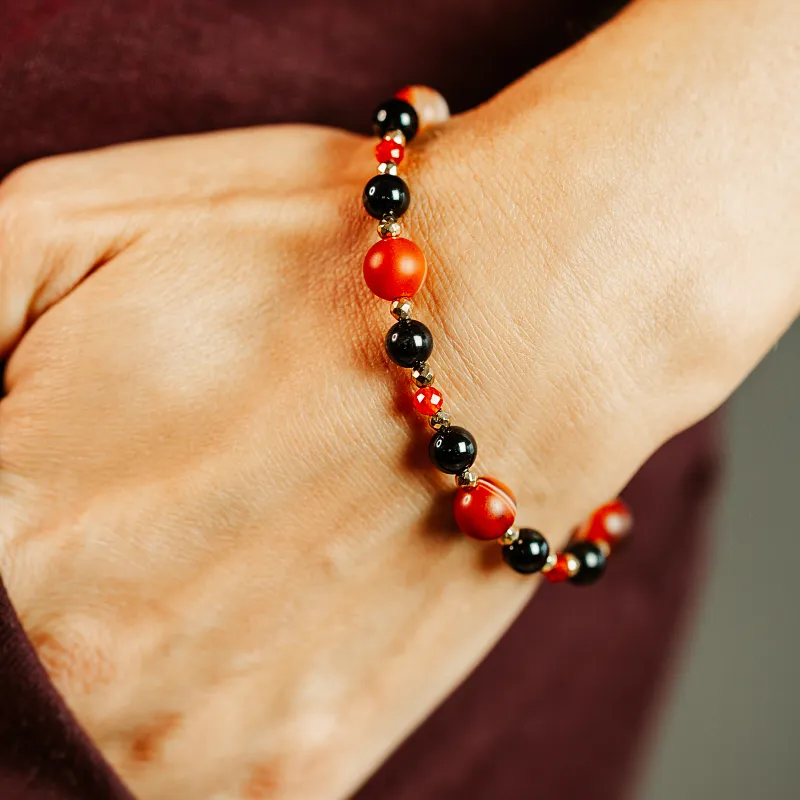 Turmalin, Agat, Karneol - srebrna pozłacana bransoletka na ochrona, bogactwo, uzdrowienie - Wewnętrzna Ochrona