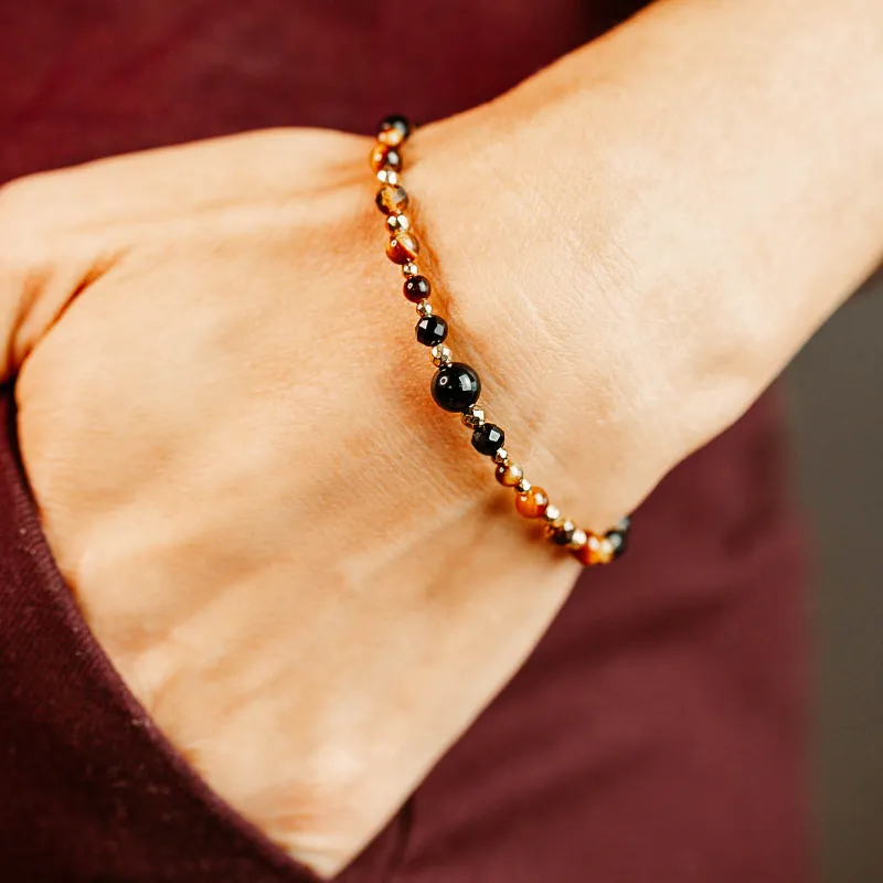 Turmalin, Tygrysie Oko, Hematyt - srebrna pozłacana bransoletka na ochronę, bogactwo, uzdrowienie - Wewnętrzna Ochrona