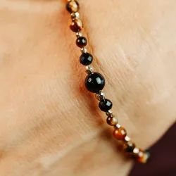 Turmalin, Tygrysie Oko, Hematyt - srebrna pozłacana bransoletka na ochronę, bogactwo, uzdrowienie - Wewnętrzna Ochrona