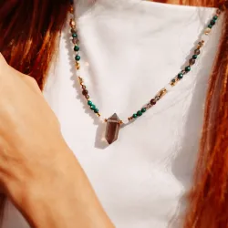 Kwarc Dymny, Malachit, Jadeit - srebrny pozłacany naszyjnik na siłę, uzdrowienie, kreatywność - Ezoteryczna Elegancja