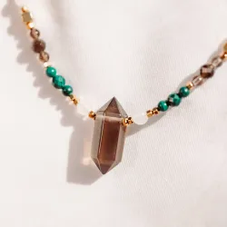 Kwarc Dymny, Malachit, Jadeit - srebrny pozłacany naszyjnik na siłę, uzdrowienie, kreatywność - Ezoteryczna Elegancja