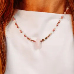 Kwarc Różowy, Rodochrozyt, Kamień Księżycowy - srebrny pozłacany naszyjnik na miłość, harmonię - Ezoteryczna Elegancja