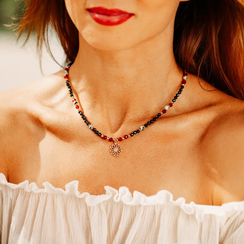 Spinel, Jaspis, Chalcedon, Hematyt - srebrny pozłacany naszyjnik na ochronę, bogactwo, koncentrację - Wewnętrzna Ochrona Spinel, Jaspis, Chalcedon, Hematyt - srebrny pozłacany naszyjnik na ochronę, bogactwo, koncentrację - Wewnętrzna Ochrona
