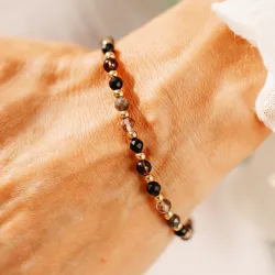 Onyks, Kwarc Dymny, Hematyt - srebrna pozłacana bransoletka na ochronę, harmonię, intuicję - Wewnętrzna Ochrona