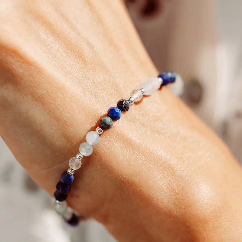 Lapis Lazuli, Kryształ Górski, Akwamaryn - srebrna bransoletka na zdrowie, intuicję, duchowość - Refleksja Zdrowia