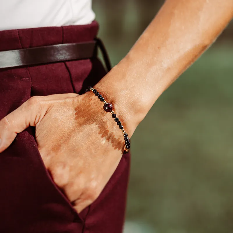 Granat, Turmalin, Hematyt - srebrna pozłacana bransoletka na zdrowie, miłość, kreatywność - Pocałunek Miłości