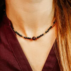 Granat,Turmalin, Hematyt - srebrny pozłacany naszyjnik na zdrowie, miłość, kreatywność - Pocałunek Miłości