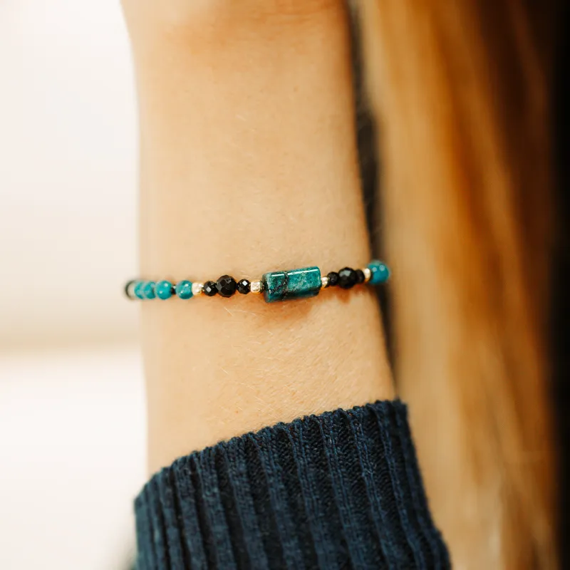 Apatyt, Turmalin - srebrna pozłacana bransoletka na kreatywność, harmonię, uzdrawianie - Refleksja Zdrowia