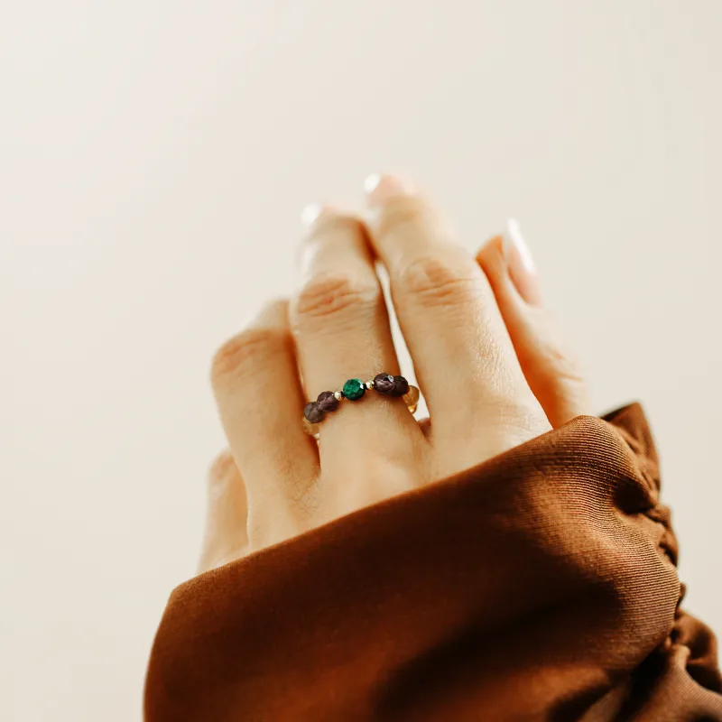 Cytryn, Malachit, Ametyst - srebrny pozłacany pierścionek na koncentrację, miłość, bogactwo - Symfonia Bogactwa