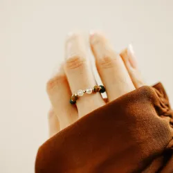 Cytryn, Mokait, Malachit - srebrny pozłacany pierścionek na sukces, szczęście, bogactwo - Symfonia Bogactwa