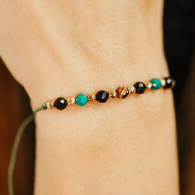 Malachit, Turmalin, Tygrysie Oko - bransoletka na sznurku na spokój, odwagę, bogactwo - Symfonia Bogactwa