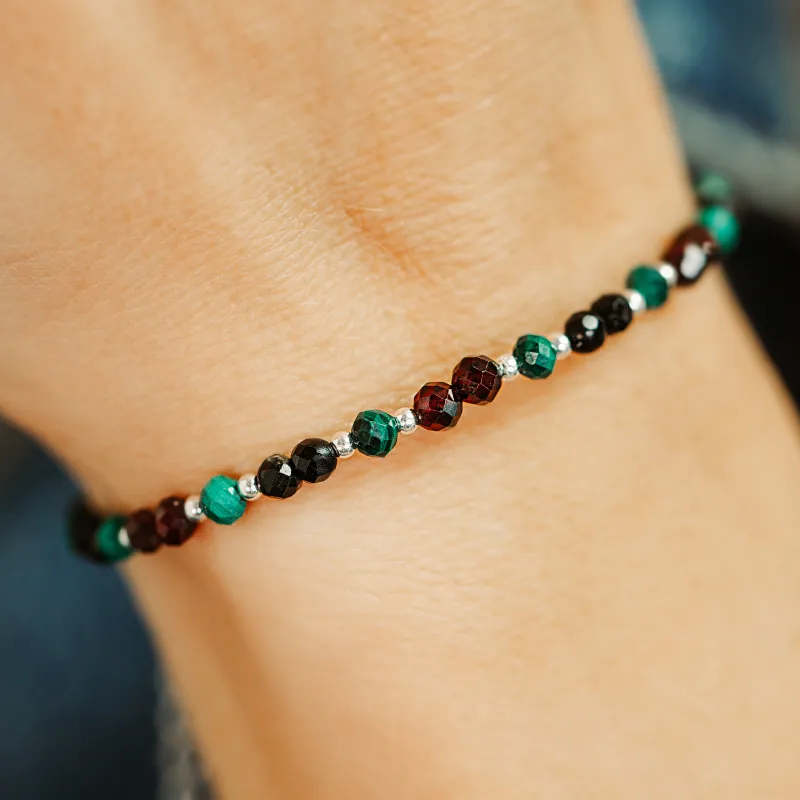 Granat, Malachit, Turmalin - srebrna bransoletka na zdrowie, miłość, kreatywność - Pocałunek Miłości