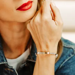 Perła, Turmalin, Labradoryt - srebrna pozłacana bransoletka na ochronę, bogactwo, uzdrowienie - Wewnętrzna Ochrona