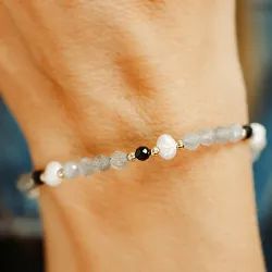 Perła, Turmalin, Labradoryt - srebrna pozłacana bransoletka na ochronę, bogactwo, uzdrawianie - Wewnętrzna Ochrona