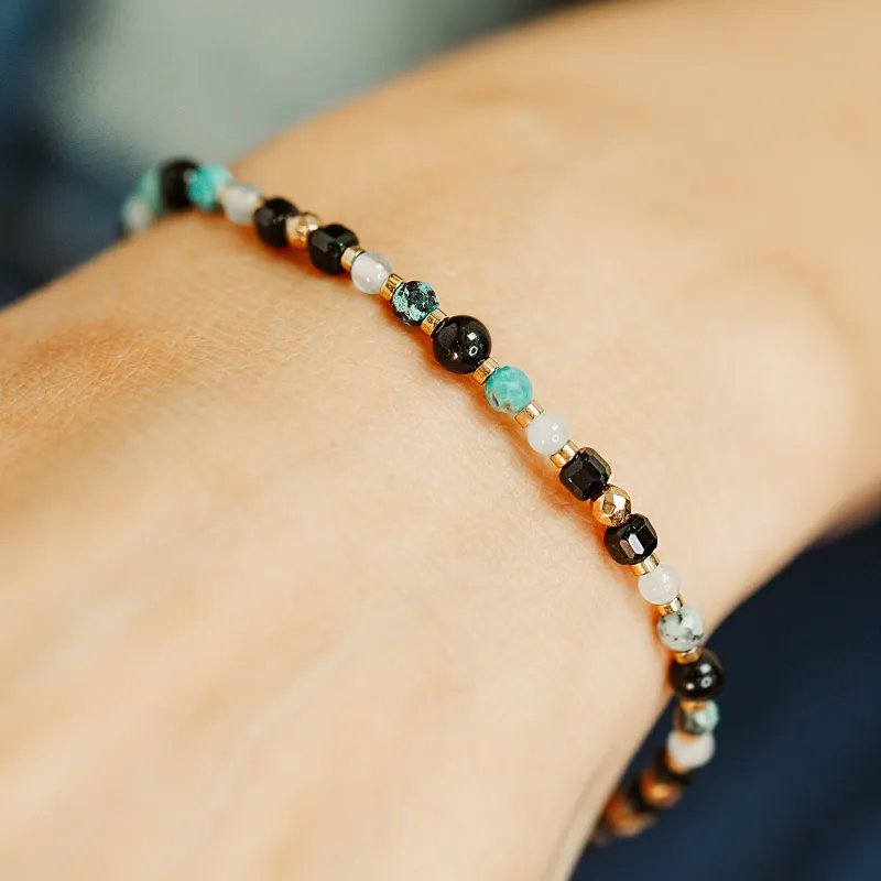 Spektrolit, Turmalin, Akwamaryn - srebrna pozłacana bransoletka na szczęście, ochronę, koncentrację - Ezoteryczna Elegancja