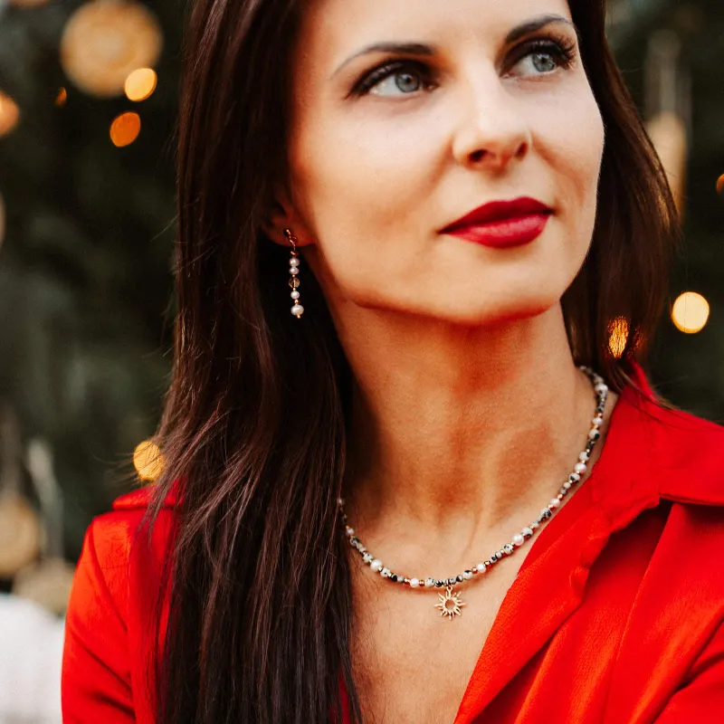 Perła, Cytryn, Hematyt - srebro pozłacane kolczyki na harmonię, uzdrawianie, spokój - Perłowy Sen