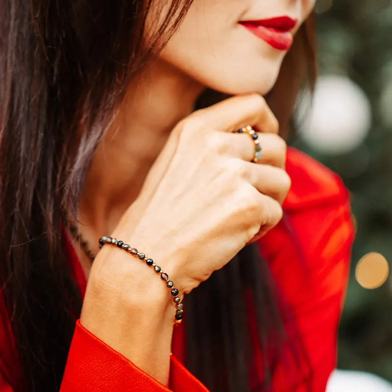 Piryt, Spinel, Kwarc Dymny - srebrna pozłacana bransoletka na bogactwo, siłę, kreatywność - Symfonia Bogactwa