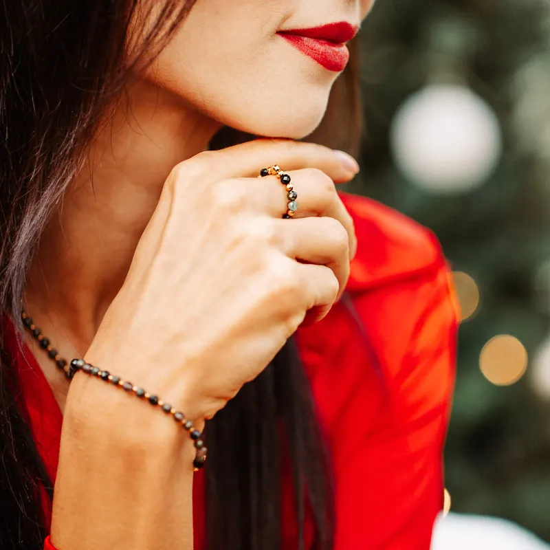 Turmalin, Hematyt - srebrny pozłacany pierścionek na ochronę, bogactwo, uzdrowienie - Wewnętrzna Ochrona