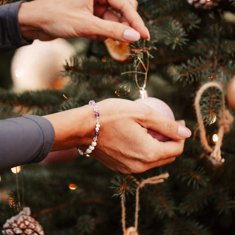 Perła, Ametyst, Kryształ Górski - srebro bransoletka na harmonię, uzdrawianie, spokój - Perłowy Sen