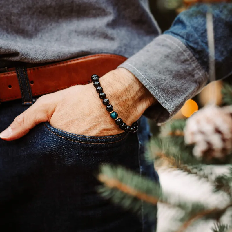 Turmalin, Tygrysie Oko, Hematyt - bransoletka męska na ochronę, bogactwo, uzdrawianie - Ona i On