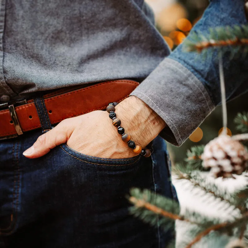 Tygrysie Oko, Lawa Wulkaniczna, Onyks - bransoletka męska na sznurku na bogactwo, sukces, siłę - Jego styl
