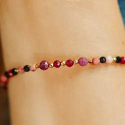 Rubin, Rodochrozyt, Spinel - srebrna pozłcana bransoletka na radość, miłość, szczęście - Pocałunek Miłości