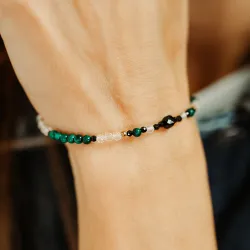 Turmalin, Malachit, Kryształ Górski - srebrna pozłacana bransoletka na ochronę, bogactwo, uzdrawianie - Wewnętrzna Ochrona