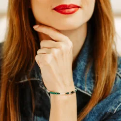 Turmalin, Malachit, Kryształ Górski - srebrna pozłacana bransoletka na ochronę, bogactwo, uzdrowienie - Wewnętrzna Ochrona