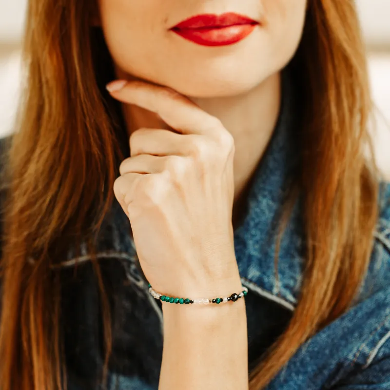 Turmalin, Malachit, Kryształ Górski - srebrna pozłacana bransoletka na ochronę, bogactwo, uzdrowienie - Wewnętrzna Ochrona