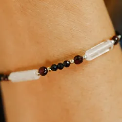 Spinel, Granat, Kryształ Górski - srebrna pozłacana bransoletka na ochronę, bogactwo, koncentrację - Wewnętrzna Ochrona