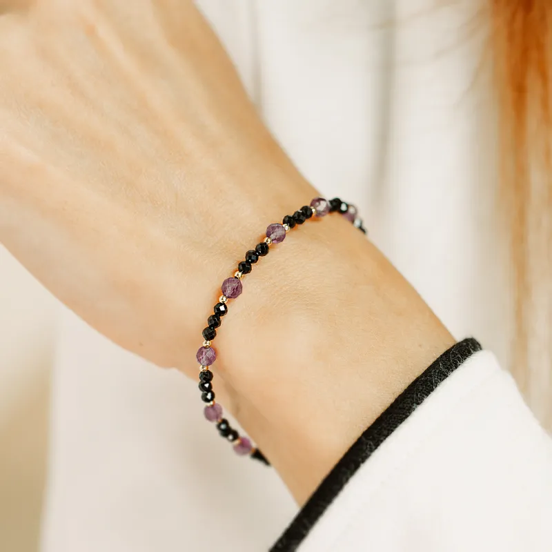 Spinel, Ametyst - srebrna pozłacana bransoletka na koncentrację, miłość, sukces - Leonidy
