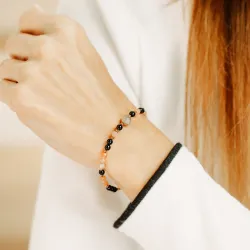 Kamień Słoneczny, Onyks, Hematyt - srebrna pozłacana bransoletka na radość, szczęście, sukces - Energia Sukcesu