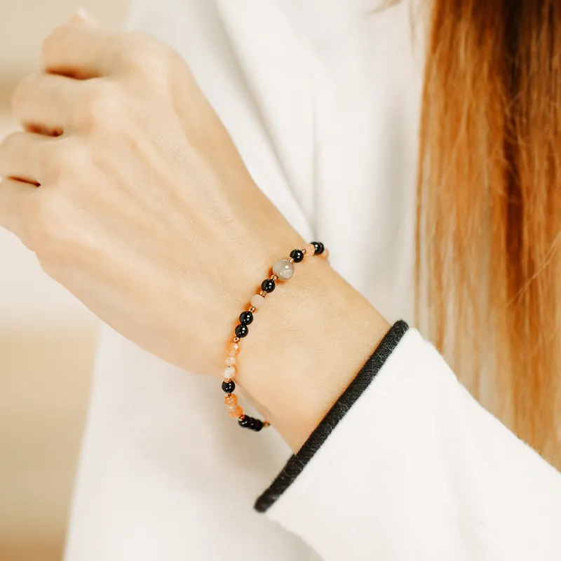 Kamień Słoneczny, Onyks, Hematyt - srebrna pozłacana bransoletka na radość, szczęście, sukces - Energia Sukcesu