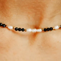 Perła, Onyks - srebrny pozłacany naszyjnik na ochronę, harmonię, intuicję - Skarby Oceanu