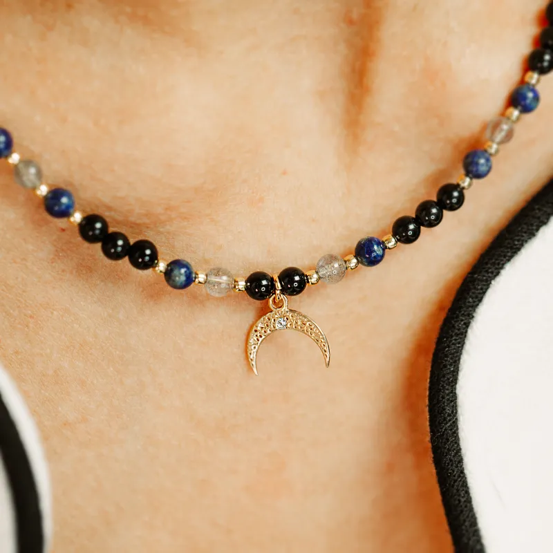 Turmalin, Lapis Lazuli, Labradoryt - srebrny pozłacany naszyjnik na ochronę, bogactwo, uzdrowienie - Andromeda