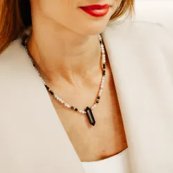 Onyks, Kamień Księżycowy, Noc Kairu, - srebrny pozłacany naszyjnik na ochronę, harmonię, intuicję - Magiczna Noc