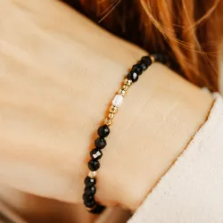 Perła, Turmalin, Hematyt - srebrna pozłacana bransoletka na zdrowie, odwagę, harmonię - Skarby Oceanu