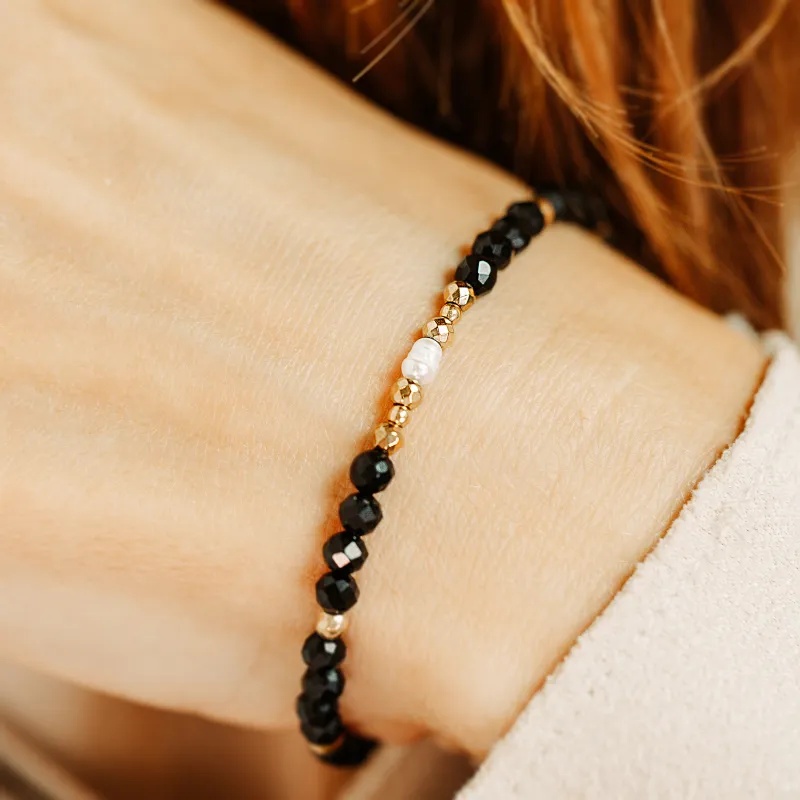 Perła, Turmalin, Hematyt - srebrna pozłacana bransoletka na zdrowie, odwagę, harmonię - Skarby Oceanu