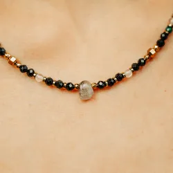 Turmalin, Malachit, Kryształ Górski - srebro pozłacane naszyjnik na ochronę, bogactwo, uzdrowienie - Lumina