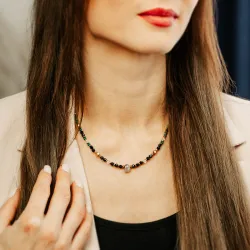 Turmalin, Malachit, Kryształ Górski - srebro pozłacane naszyjnik na ochronę, bogactwo, uzdrowienie - Lumina