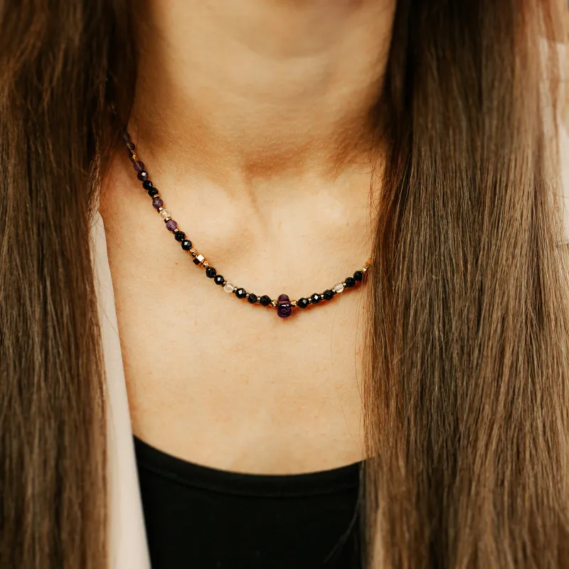 Ametyst, Kryształ Górski, Turmalin - srebro pozłacane naszyjnik na intuicję, sukces, uzdrowienie - Lumina