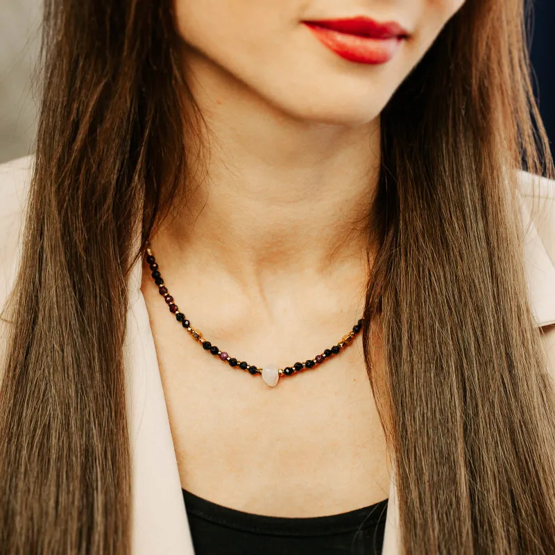 Kwarc Różowy, Rubin, Granat - srebro pozłacane naszyjnik na miłość, harmonię, szczęście - Lumina