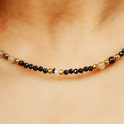 Turmalin, Kwarc Dymny, Kamień Księżycowy - srebro pozłacane naszyjnik na ochronę, bogactwo, uzdrowienie - Koziorożec