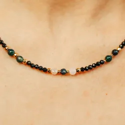 Agat, Kwarc Różowy, Szafir - srebro pozłacane naszyjnik na koncentrację, siłę, harmonię - Byk