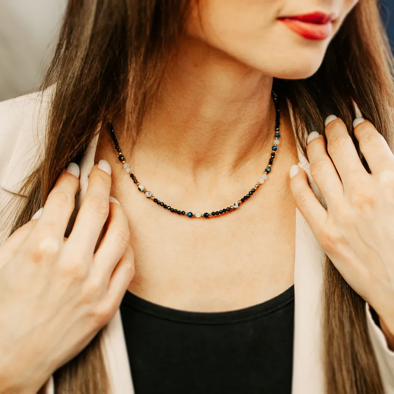 Akwamaryn, Kyanit, Jaspis - srebro pozłacane naszyjnik na zdrowie, odwagę, harmonię - Waga